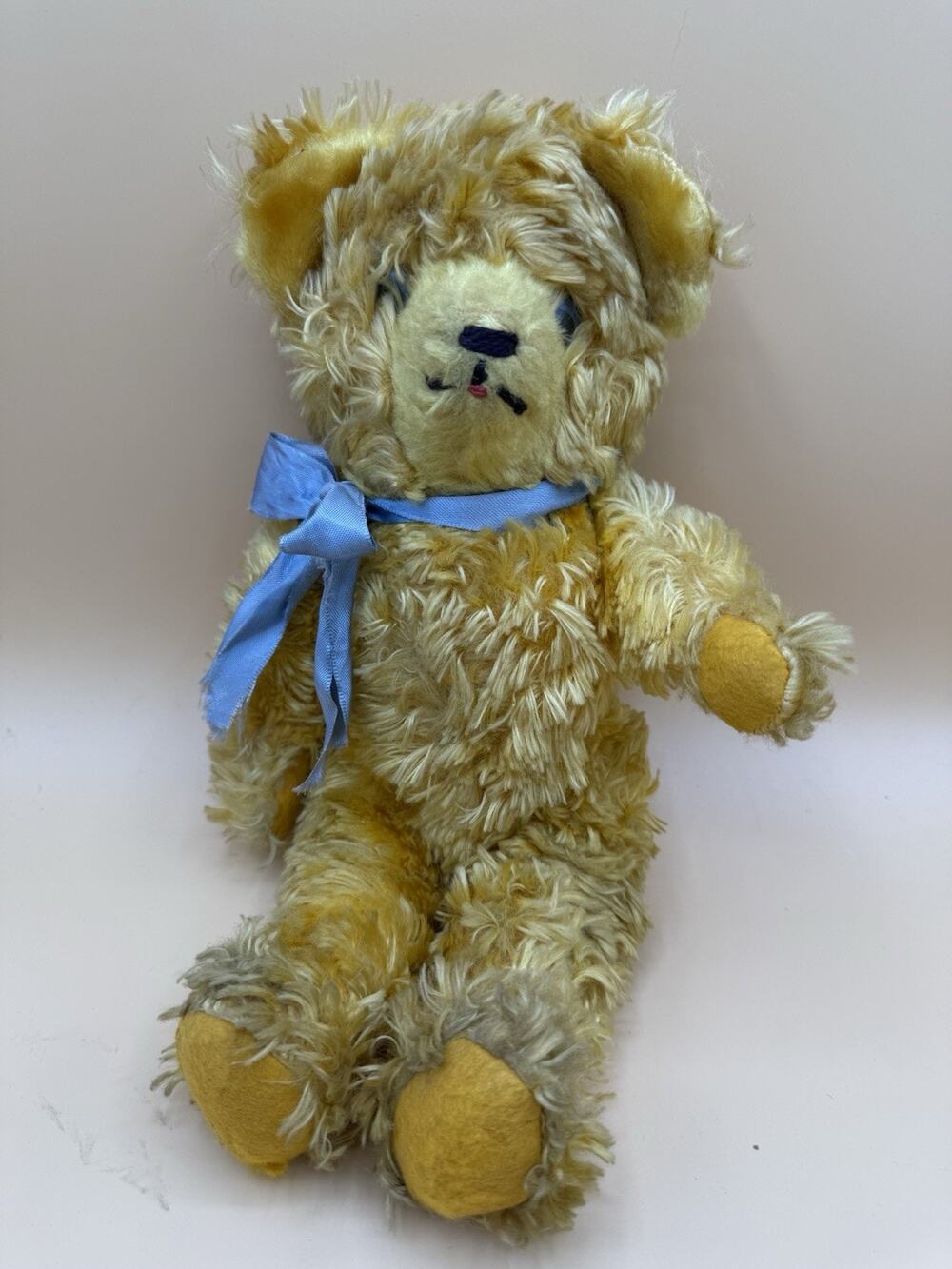 Vintage Jointed Teddy Bear Golden Plush Blue Ribbon Stuffed Animal 13” Toy